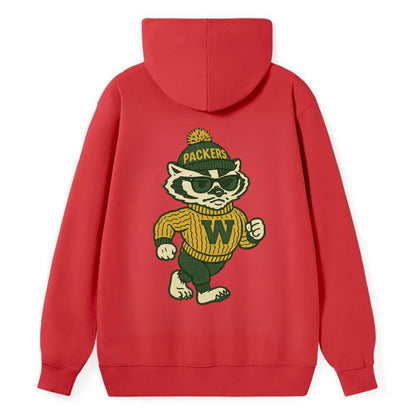 Wisconsin Badger wearing Packers green and gold beanie with pom pom and - Classic Pullover Hoodie - Red