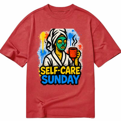 Person in bathrobe with face mask and tea - self-care Sunday ritual, wellness - Classic T-shirt - Red