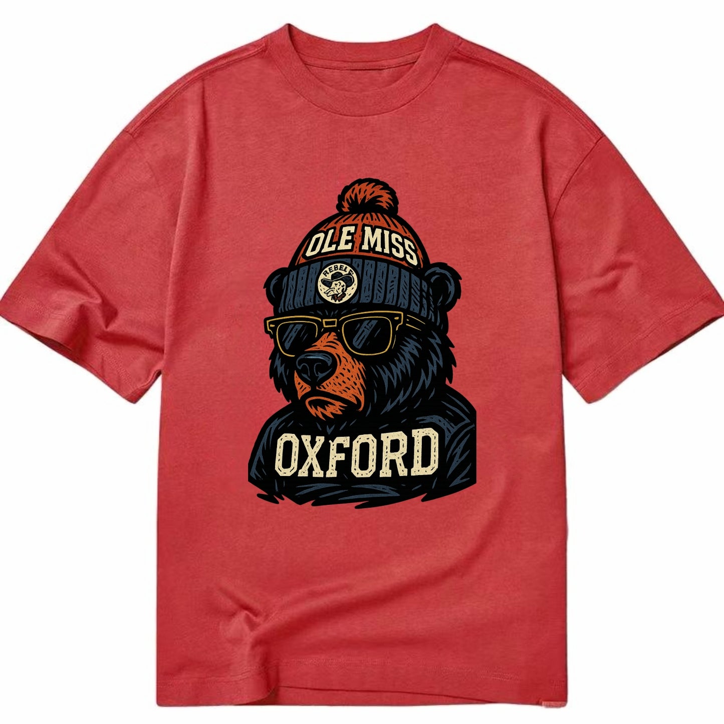 Oxford Black Bear wearing Ole Miss beanie with rebel patch - Classic T-shirt - Red