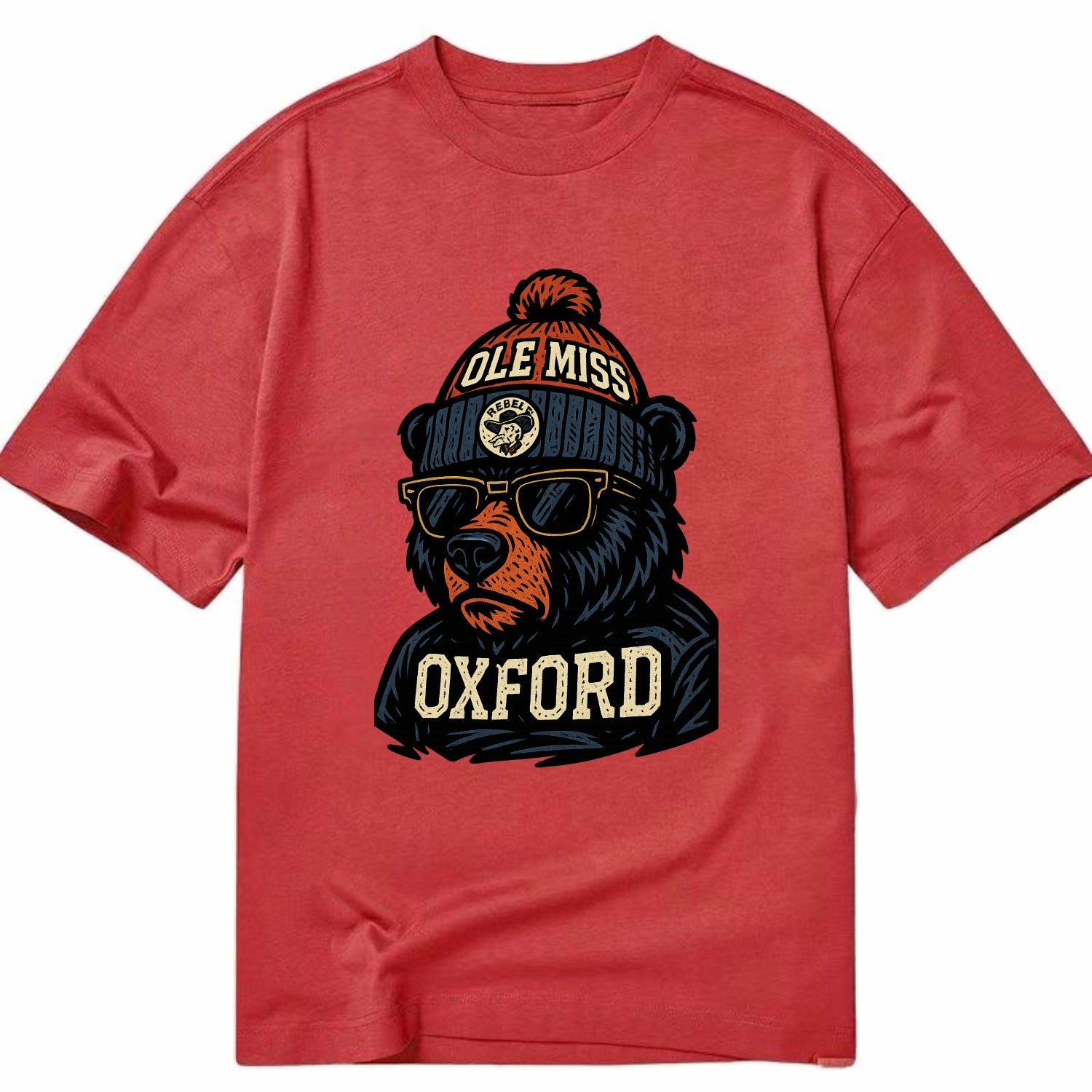 Oxford Black Bear wearing Ole Miss beanie with rebel patch - Classic T-shirt - Red