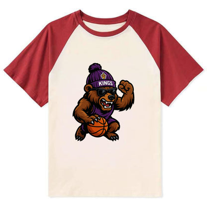 California Grizzly wearing Kings beanie with royal scepter patch and - Contrast Raglan T-shirt - Red