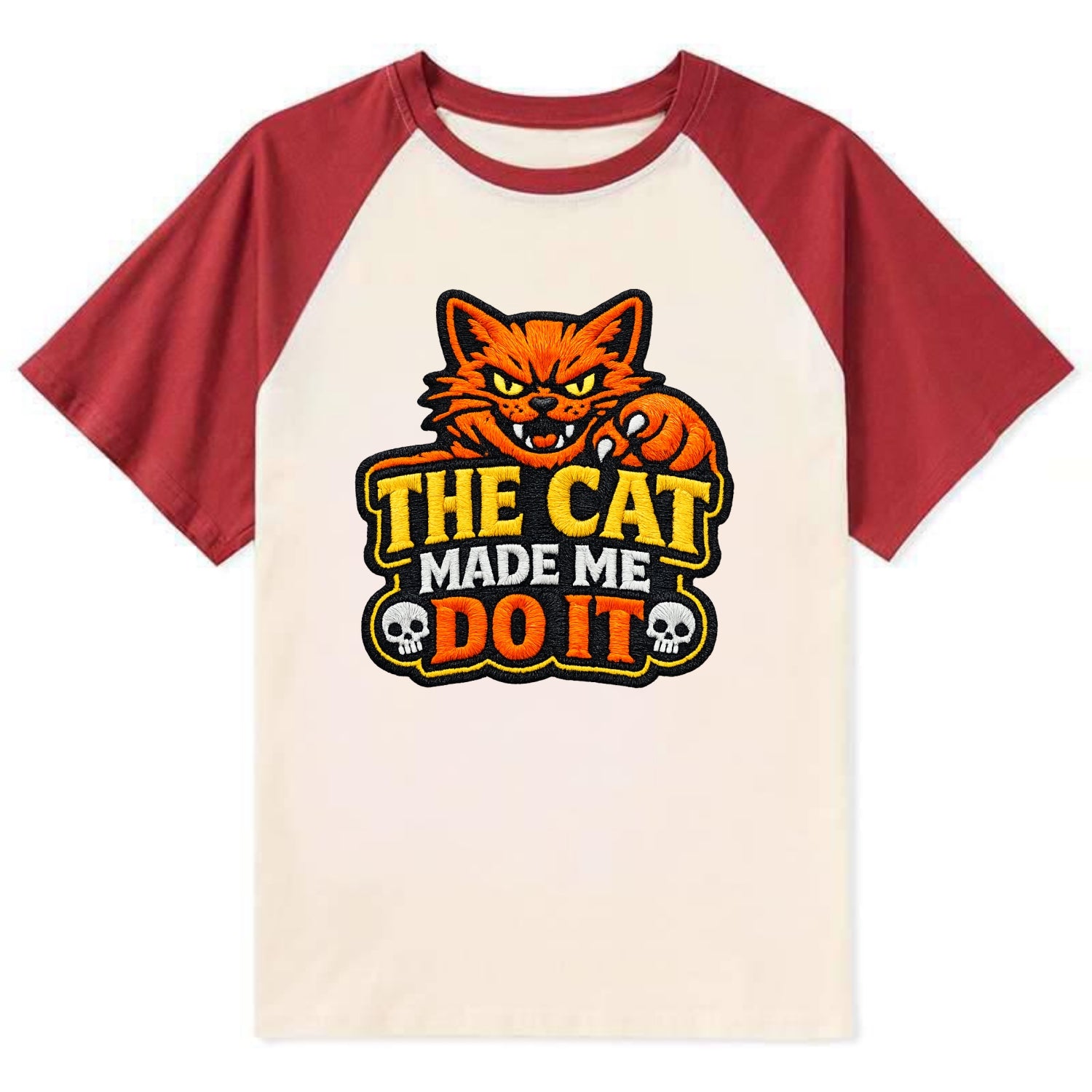 THE CAT MADE ME DO IT - mischievous cat in orange , blame the cat - Contrast Raglan T-shirt - Red