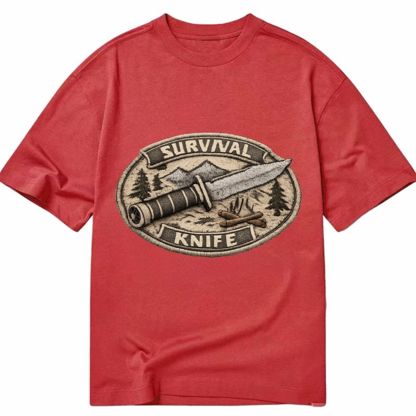 SURVIVAL KNIFE - fixed blade with compass in silver and black , bushcraft - Classic T-shirt - Red