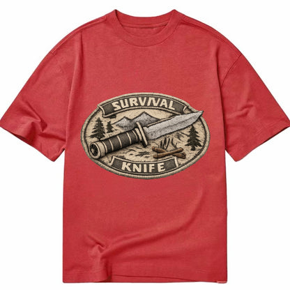 SURVIVAL KNIFE - fixed blade with compass in silver and black , bushcraft - Classic T-shirt - Red