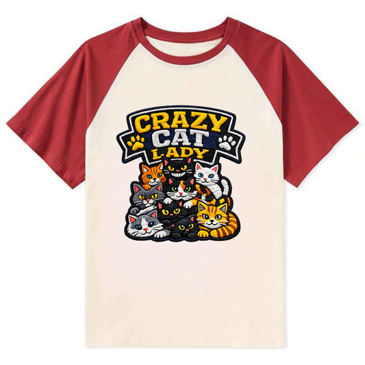 CRAZY CAT LADY - cat pile in multicolor , cat collector - Contrast Raglan T-shirt - Red