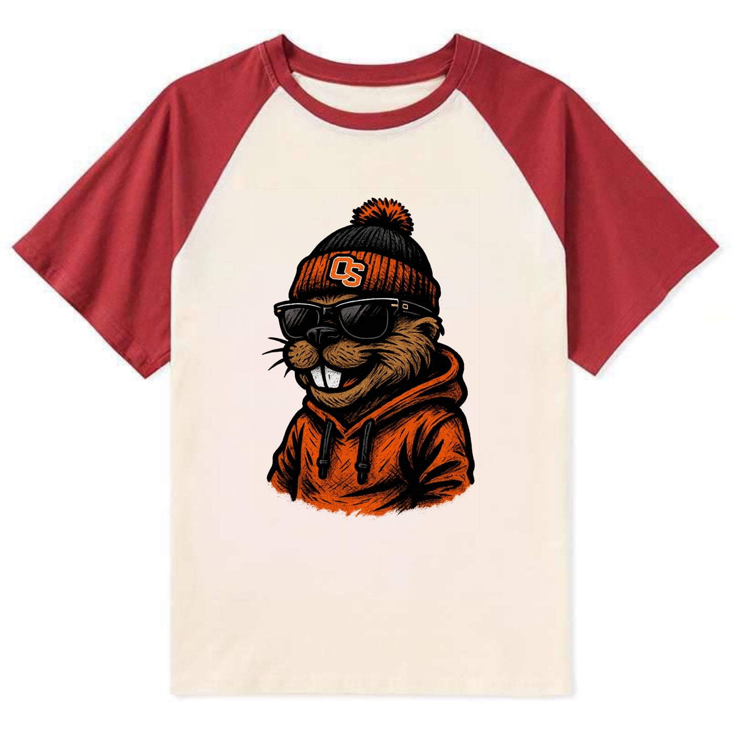 Corvallis Beaver wearing Oregon State beanie with OS patch - Contrast Raglan T-shirt - Red