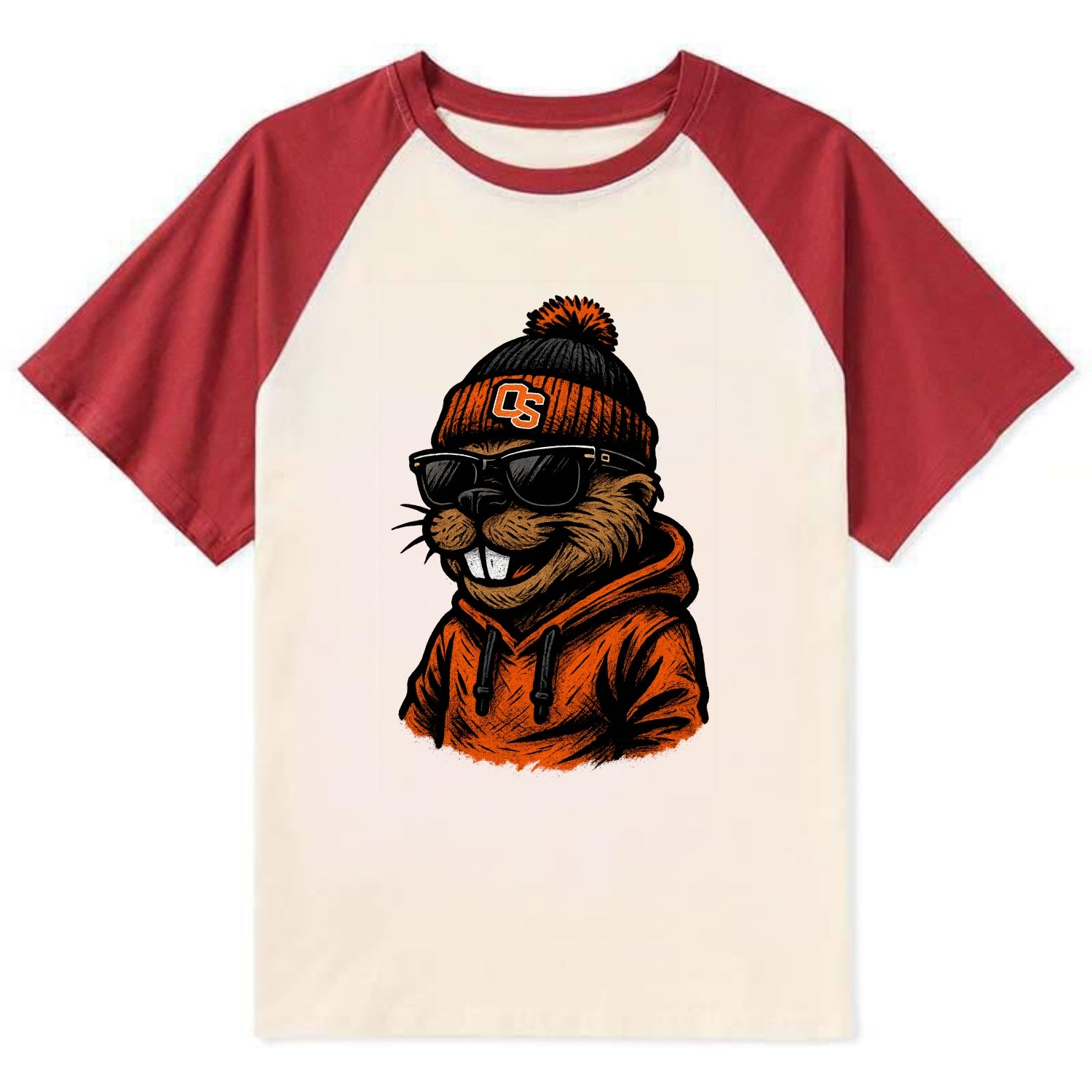 Corvallis Beaver wearing Oregon State beanie with OS patch - Contrast Raglan T-shirt - Red