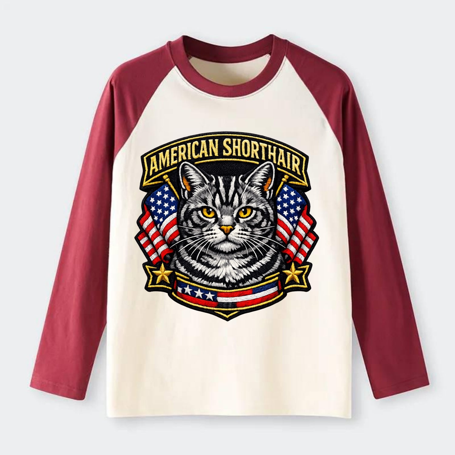 AMERICAN SHORTHAIR - classic american cat in silver tabby , - Raglan Long Sleeve T-Shirt - Red