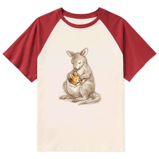 MOTHER'S POUCH | Kangaroo maternal embrace | Joey safe inside | - Contrast Raglan T-shirt - Red