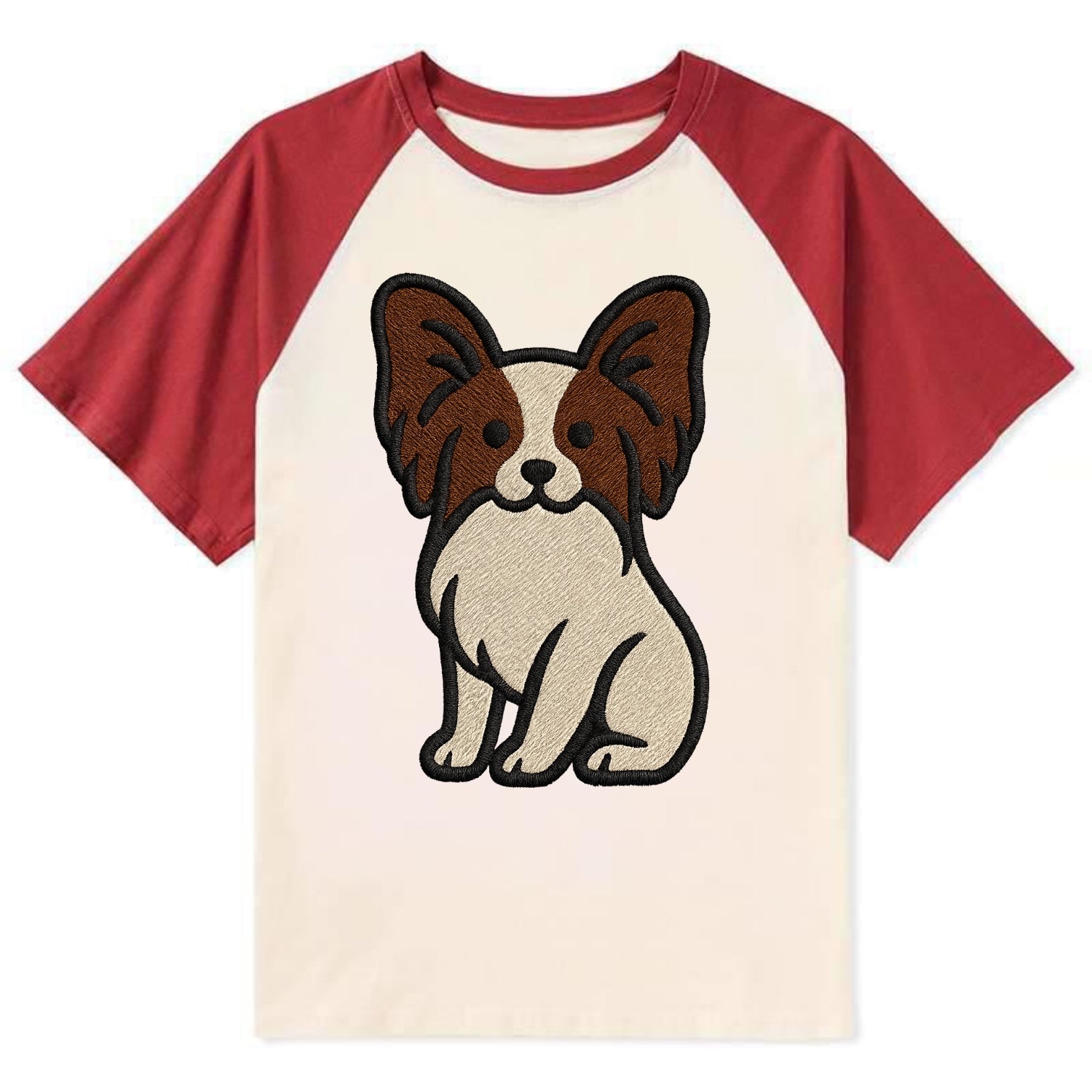 Papillon - White with brown ears sitting Contrast Raglan T-shirt - Red