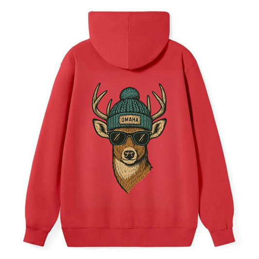 Nebraska White-tailed Deer wearing Omaha beanie with pom pom and wayfarer - Classic Pullover Hoodie - Red