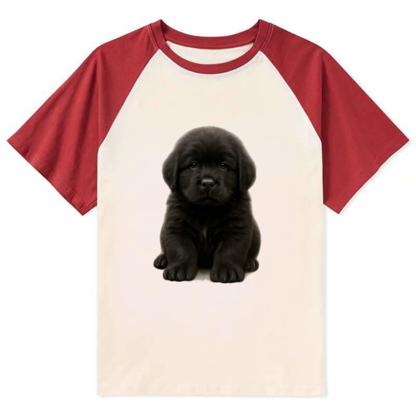 Baby Newfoundland Puppy - giant fluffy black, gentle eyes, webbed paws, - Contrast Raglan T-shirt - Red