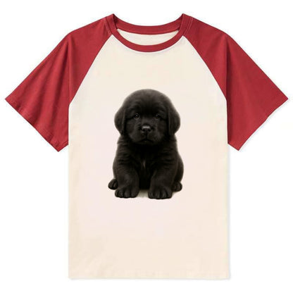 Baby Newfoundland Puppy - giant fluffy black, gentle eyes, webbed paws, - Contrast Raglan T-shirt - Red