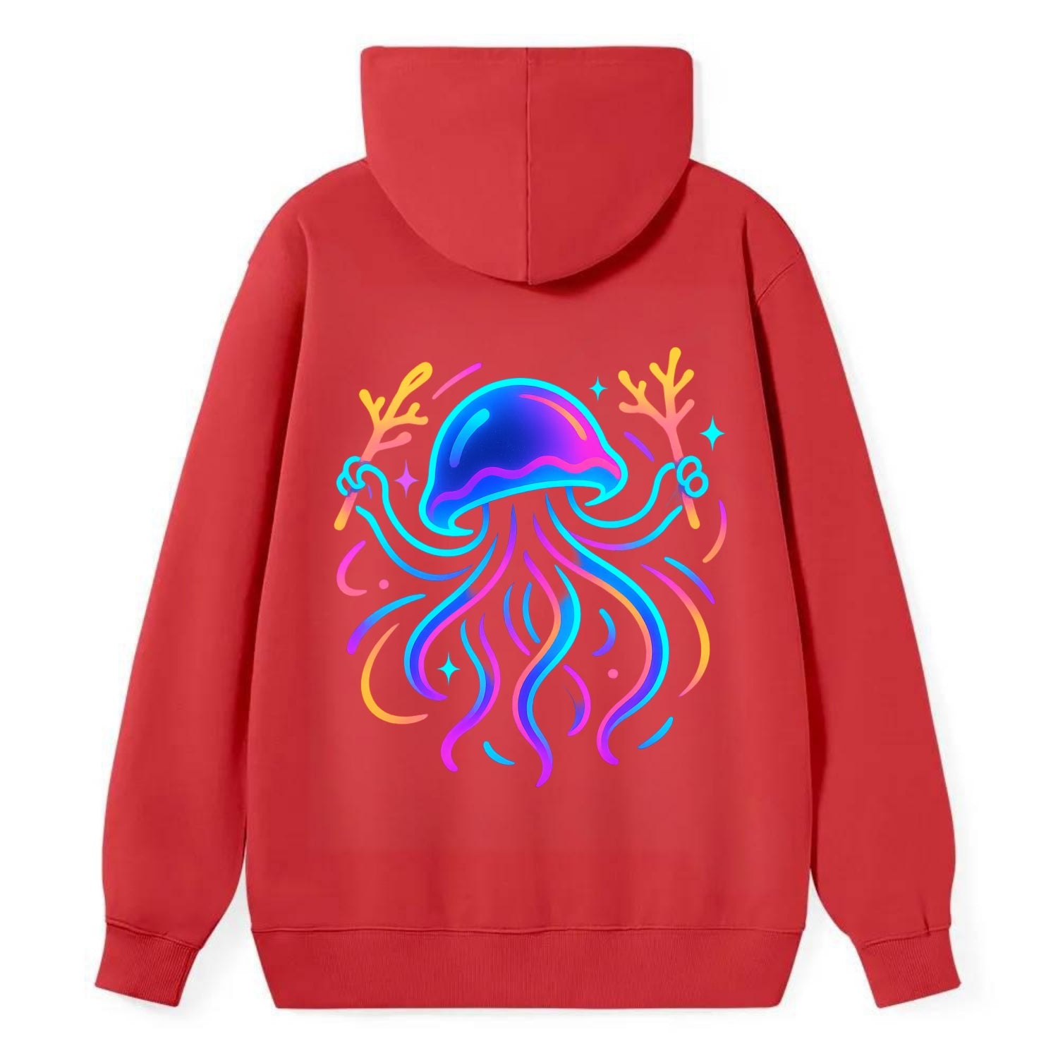 Jellyfish conducting a glow orchestra using coral batons in deep ocean - Classic Pullover Hoodie - Red