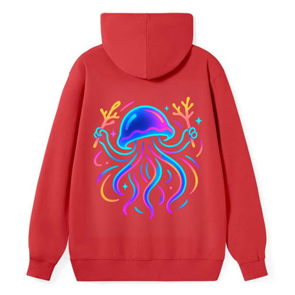 Jellyfish conducting a glow orchestra using coral batons in deep ocean - Classic Pullover Hoodie - Red