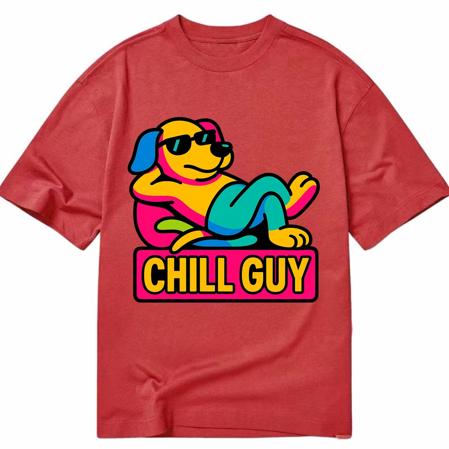 Super relaxed dog character lounging unbothered - "Chill Guy" meme energy, laid - Classic T-shirt - Red