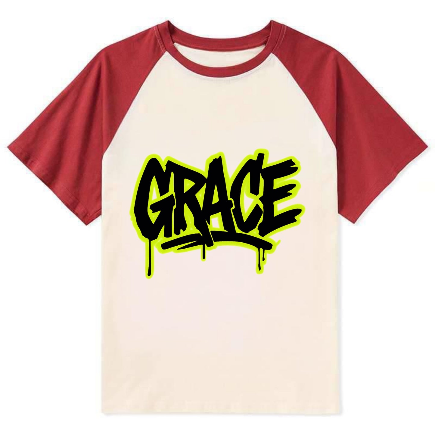 Bold typography design - "GRACE" - elegance under pressure, divine favor - Contrast Raglan T-shirt - Red