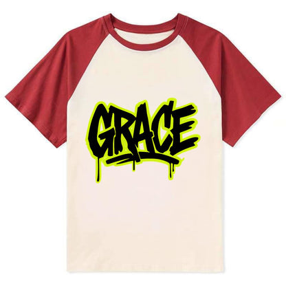 Bold typography design - "GRACE" - elegance under pressure, divine favor - Contrast Raglan T-shirt - Red