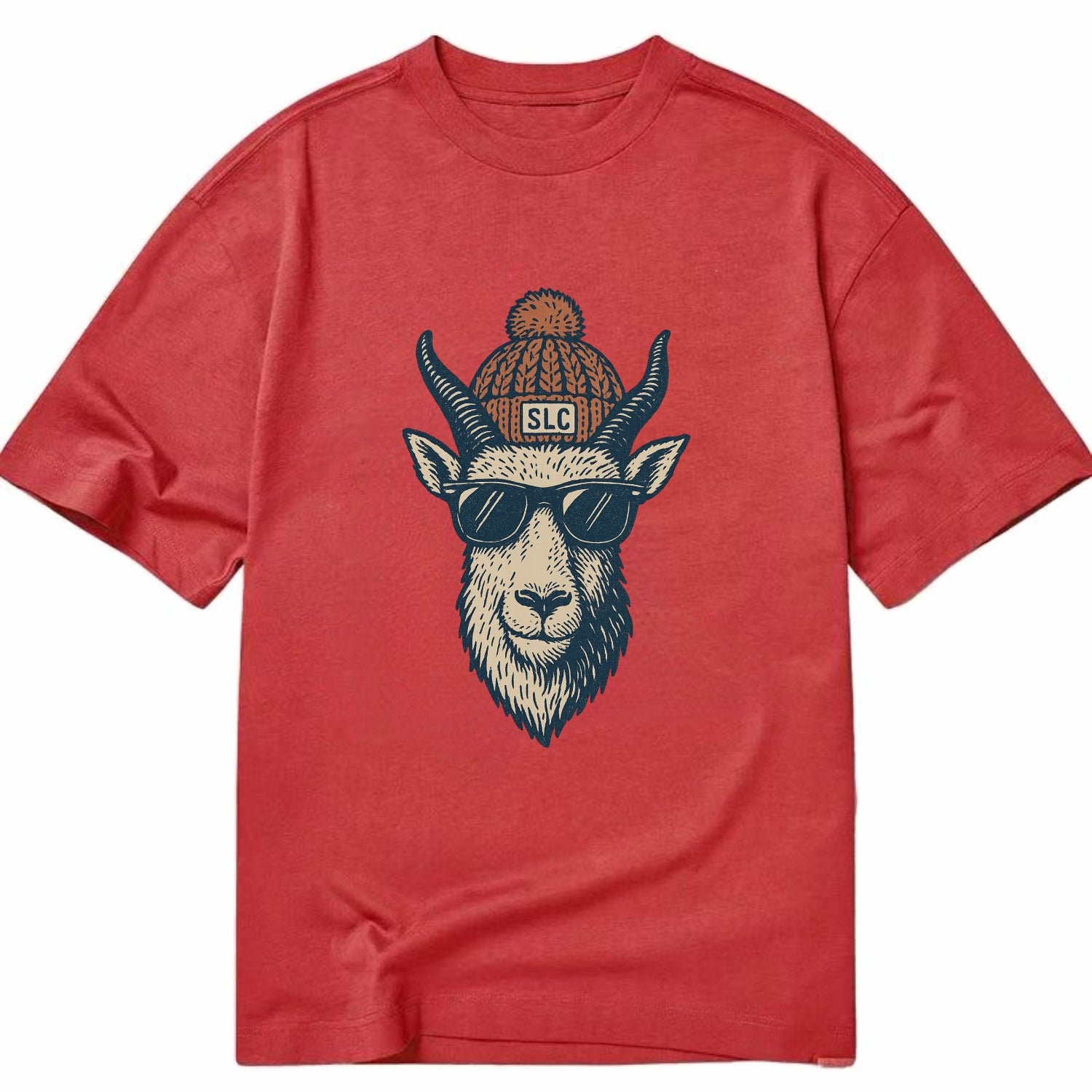 Salt Lake City Mountain Goat wearing SLC beanie with pom pom and wayfarer - Classic T-shirt - Red