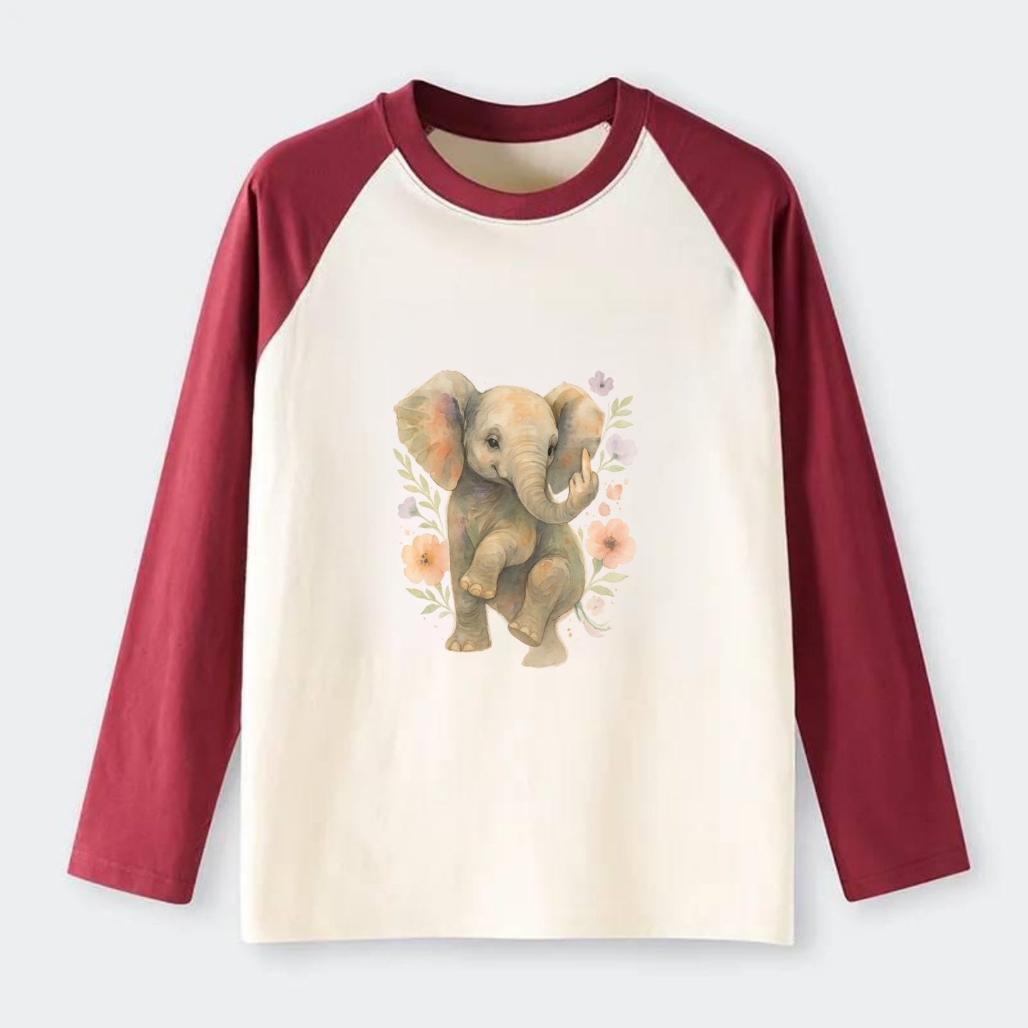 baby elephant with trunk up, one foot raised with middle toe extended - Raglan Long Sleeve T-Shirt - Red