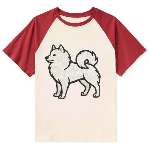 American Eskimo Dog - White spitz embroidered standing design - Contrast Raglan T-shirt