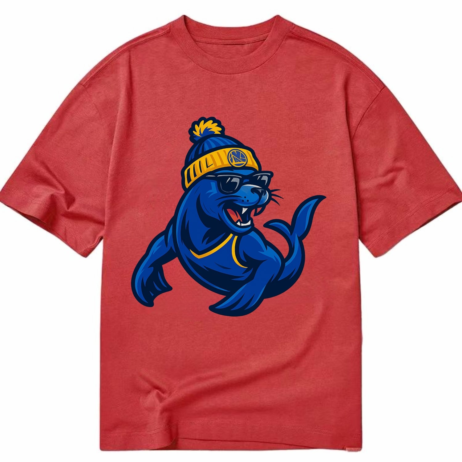 Bay Area Sea Lion wearing Warriors blue and gold beanie with Golden Gate and - Classic T-shirt - Red