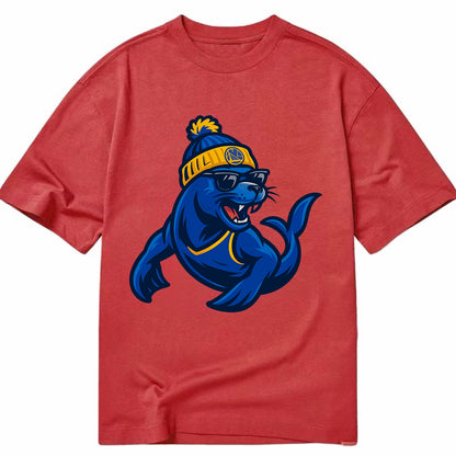 Bay Area Sea Lion wearing Warriors blue and gold beanie with Golden Gate and - Classic T-shirt - Red