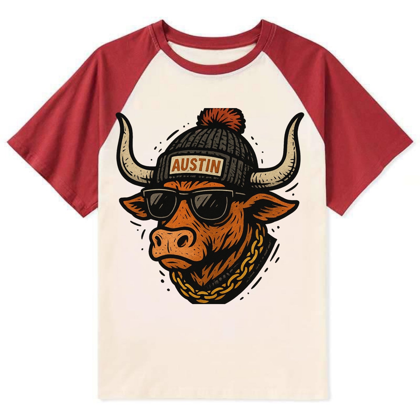 Texas Longhorn wearing Austin beanie with pom pom and wayfarer sunglasses - Contrast Raglan T-shirt - Red