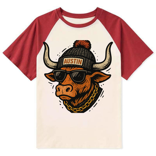 Texas Longhorn wearing Austin beanie with pom pom and wayfarer sunglasses - Contrast Raglan T-shirt - Red