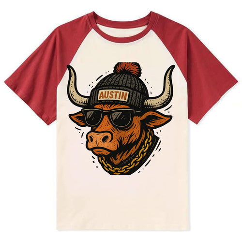 Texas Longhorn wearing Austin beanie with pom pom and wayfarer sunglasses - Contrast Raglan T-shirt
