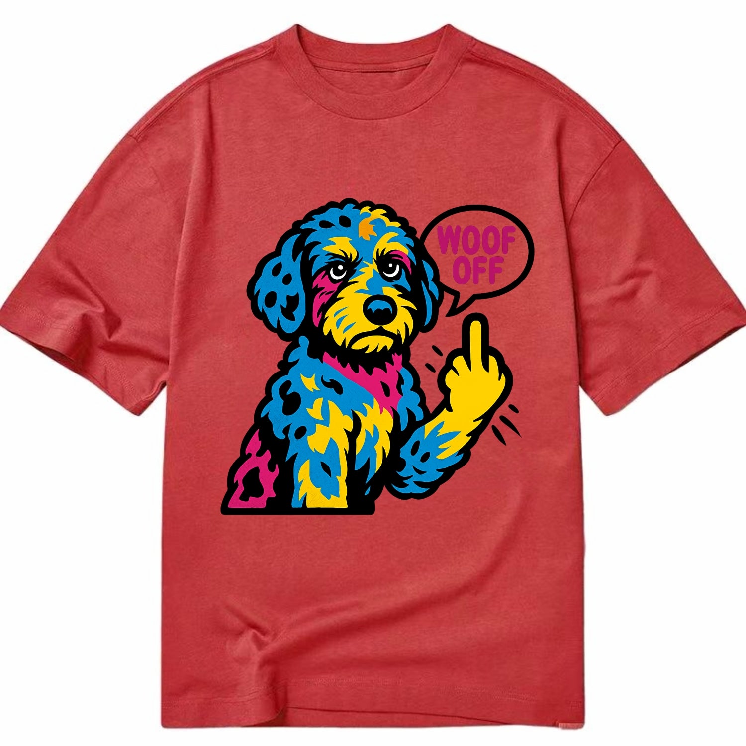 Aussiedoodle with merle patches and curly coat, playful smart paw raised - Classic T-shirt - Red
