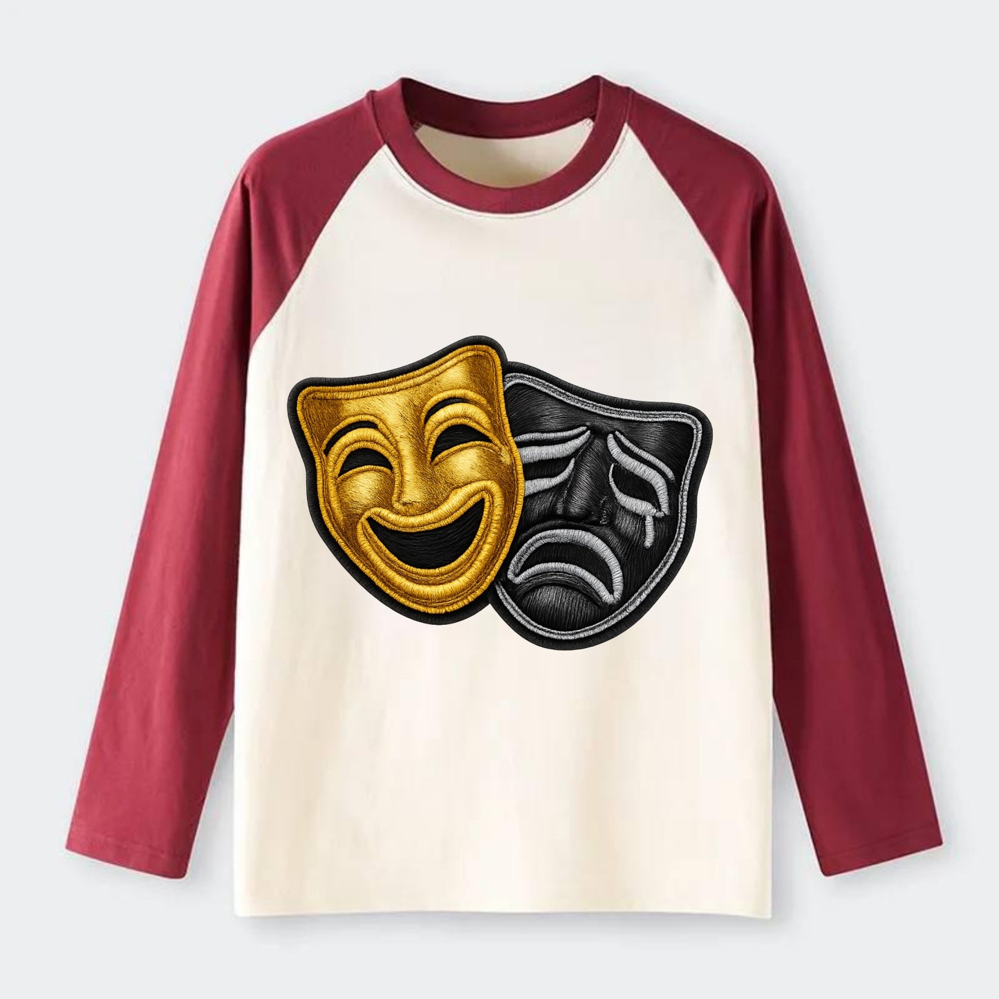 BROADWAY MASKS - comedy tragedy masks in gold and black , theater - Raglan Long Sleeve T-Shirt - Red