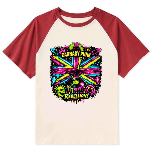 CARNABY PUNK | Swinging 60s meets 70s punk | Psychedelic Union Jack - Contrast Raglan T-shirt - Red