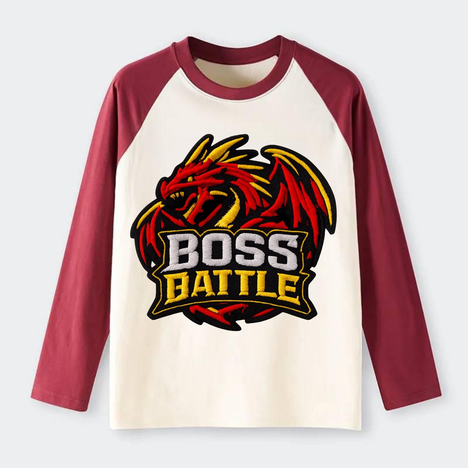 BOSS BATTLE - dragon silhouette in red and gold , raid - Raglan Long Sleeve T-Shirt - Red