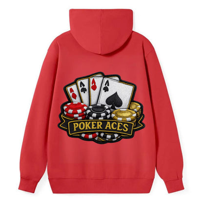 Embroidered patch design - POKER ACES - four aces with chips in red, - Classic Pullover Hoodie - Red