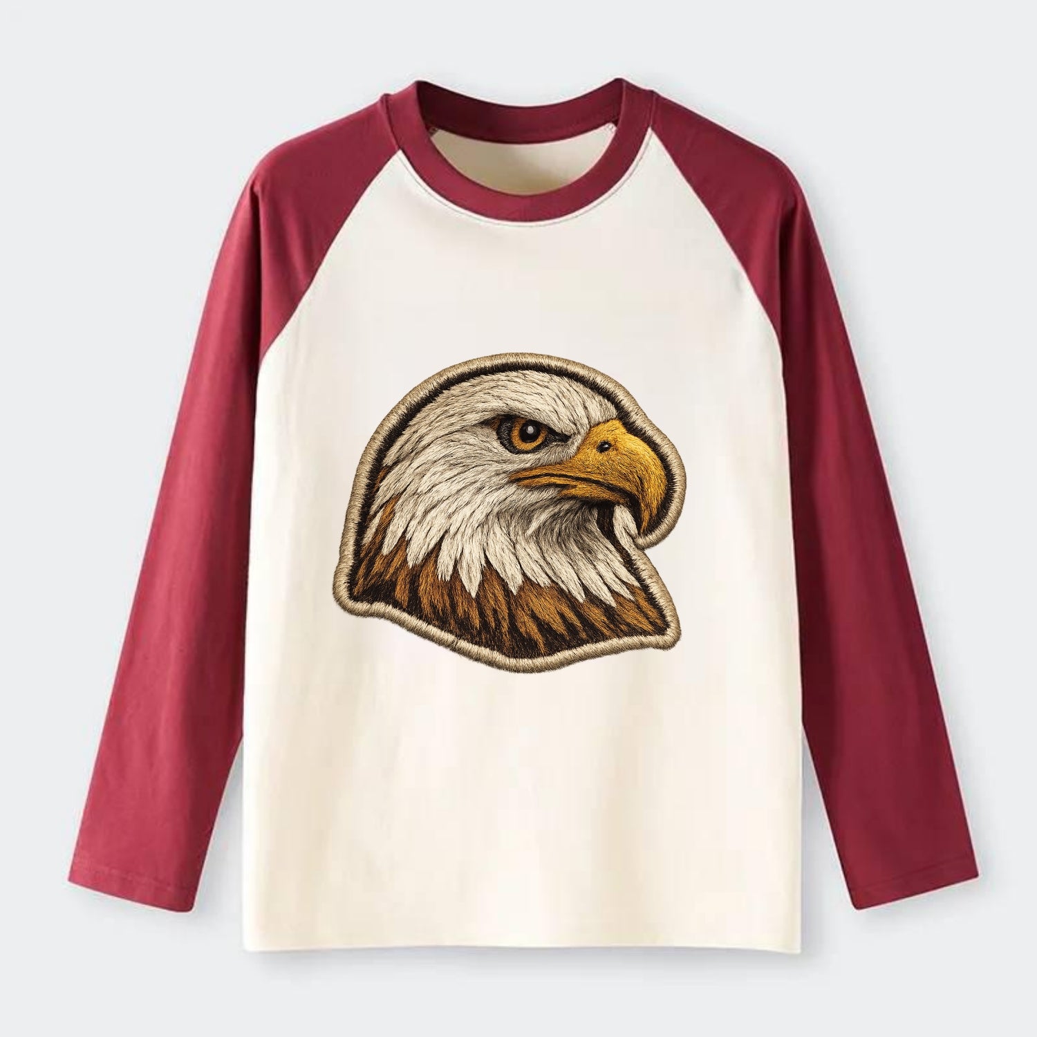 EAGLE HEAD PROFILE - majestic bald eagle in brown, white and gold , - Raglan Long Sleeve T-Shirt - Red