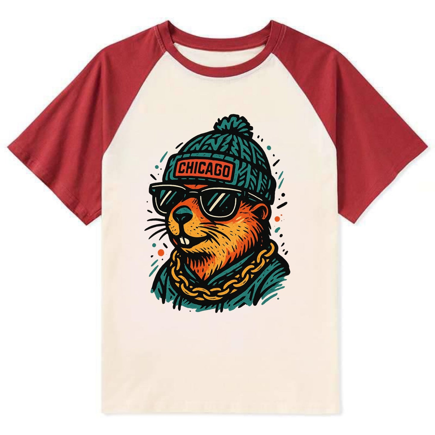 Illinois Prairie Dog wearing Chicago beanie with pom pom and wayfarer - Contrast Raglan T-shirt - Red