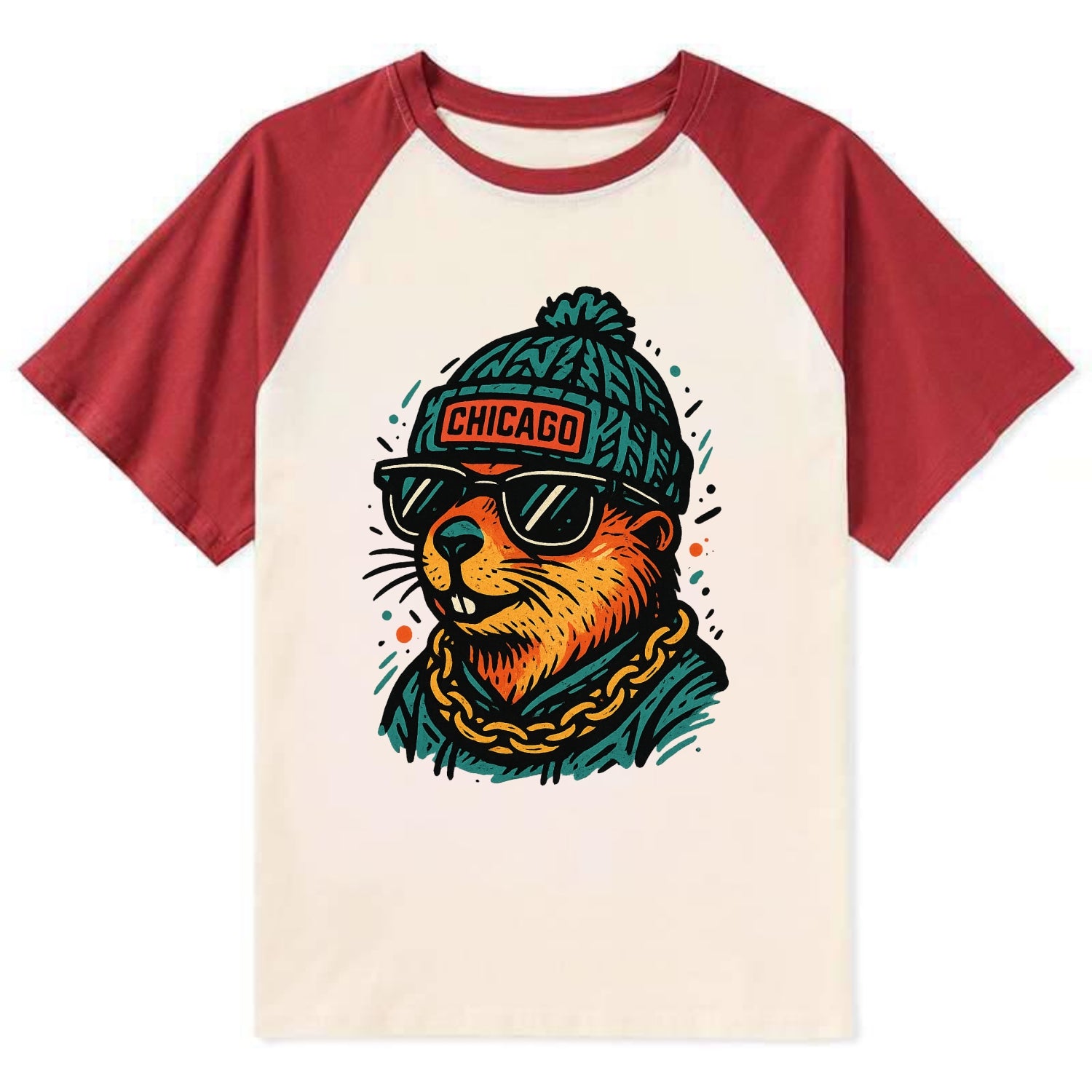 Illinois Prairie Dog wearing Chicago beanie with pom pom and wayfarer - Contrast Raglan T-shirt - Red