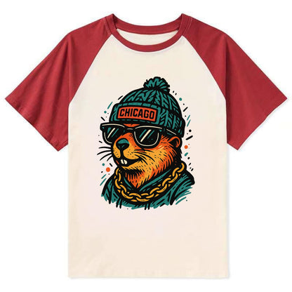 Illinois Prairie Dog wearing Chicago beanie with pom pom and wayfarer - Contrast Raglan T-shirt - Red