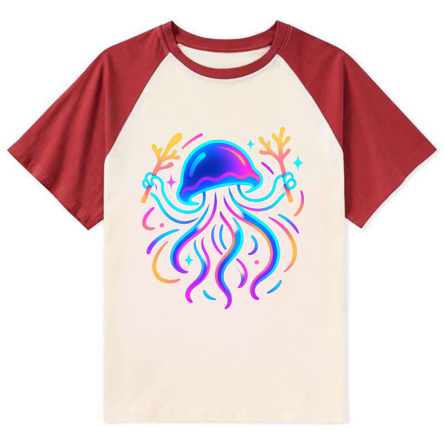 Jellyfish conducting a glow orchestra using coral batons in deep ocean - Contrast Raglan T-shirt - Red