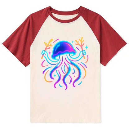Jellyfish conducting a glow orchestra using coral batons in deep ocean - Contrast Raglan T-shirt - Red