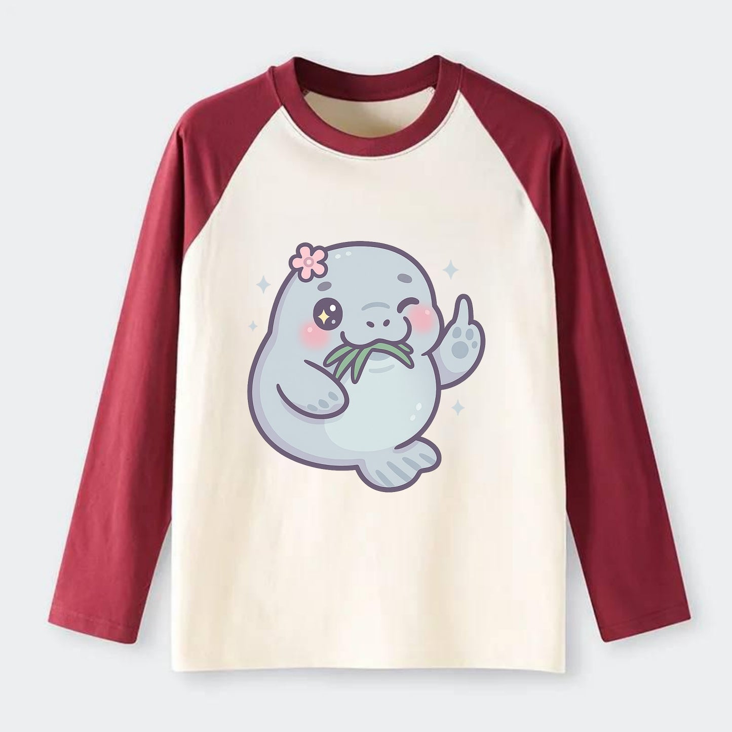 chubby manatee munching on seagrass, one flipper raised with sass - Raglan Long Sleeve T-Shirt - Red