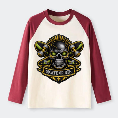 SKATEBOARD SKULL - skull with skateboard in black and neon green , - Raglan Long Sleeve T-Shirt - Red