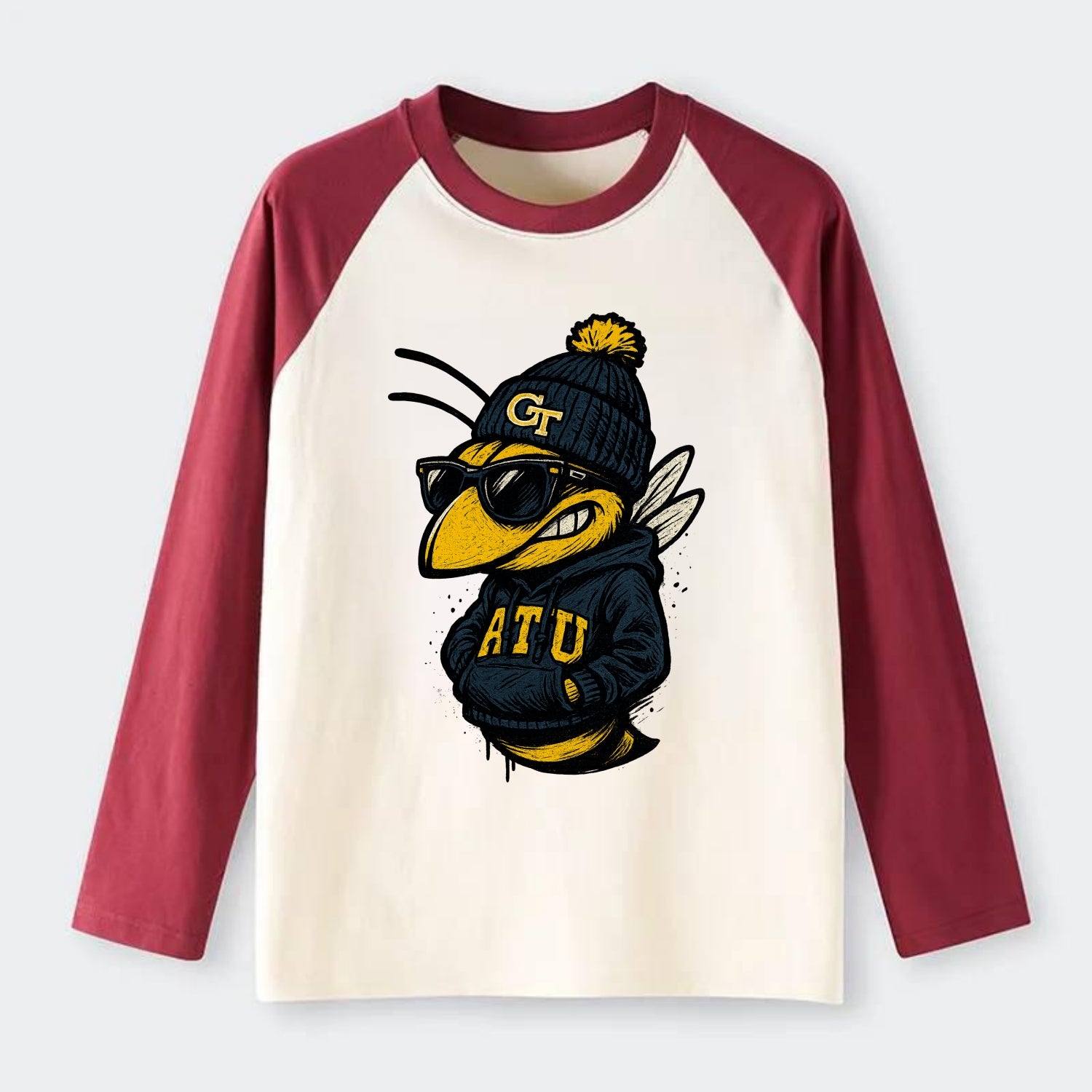 Atlanta Yellow Jacket wearing Georgia Tech beanie with GT patch - Raglan Long Sleeve T-Shirt - Red