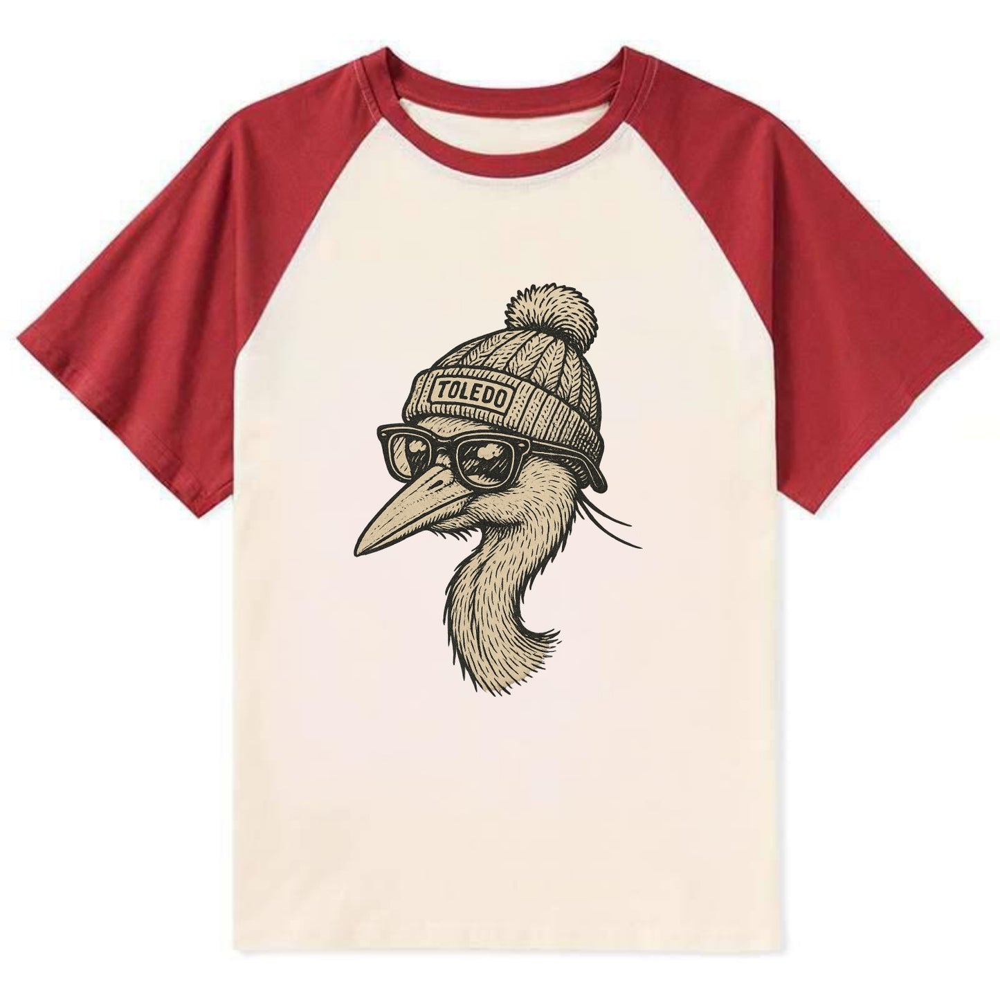 Toledo Great Blue Heron wearing Toledo beanie with pom pom and wayfarer - Contrast Raglan T-shirt - Red