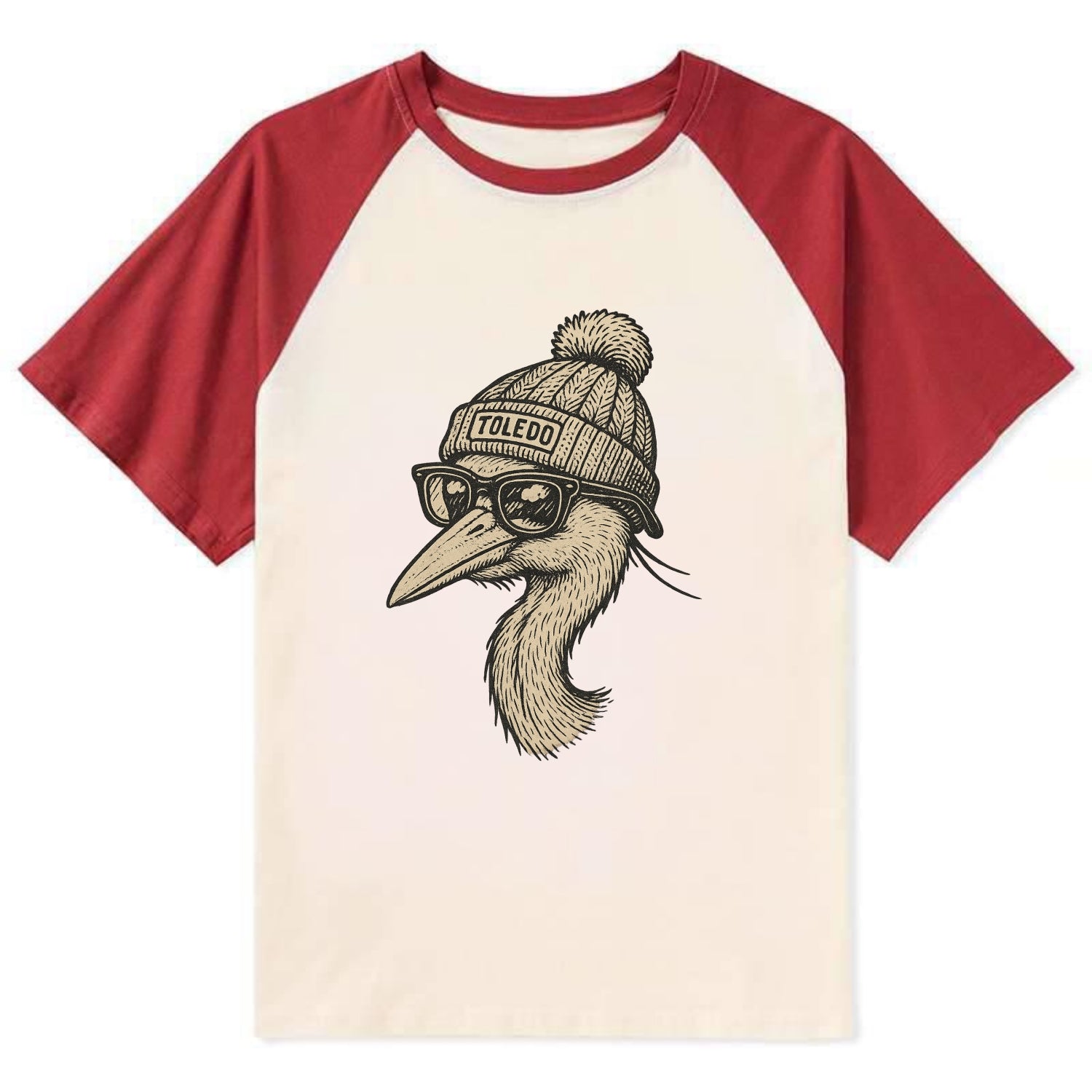 Toledo Great Blue Heron wearing Toledo beanie with pom pom and wayfarer - Contrast Raglan T-shirt - Red