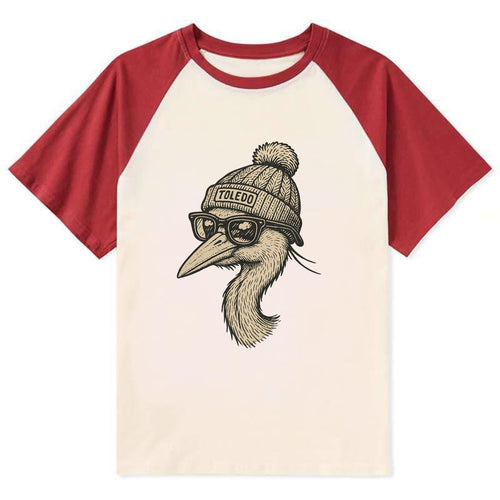 Toledo Great Blue Heron wearing Toledo beanie with pom pom and wayfarer - Contrast Raglan T-shirt