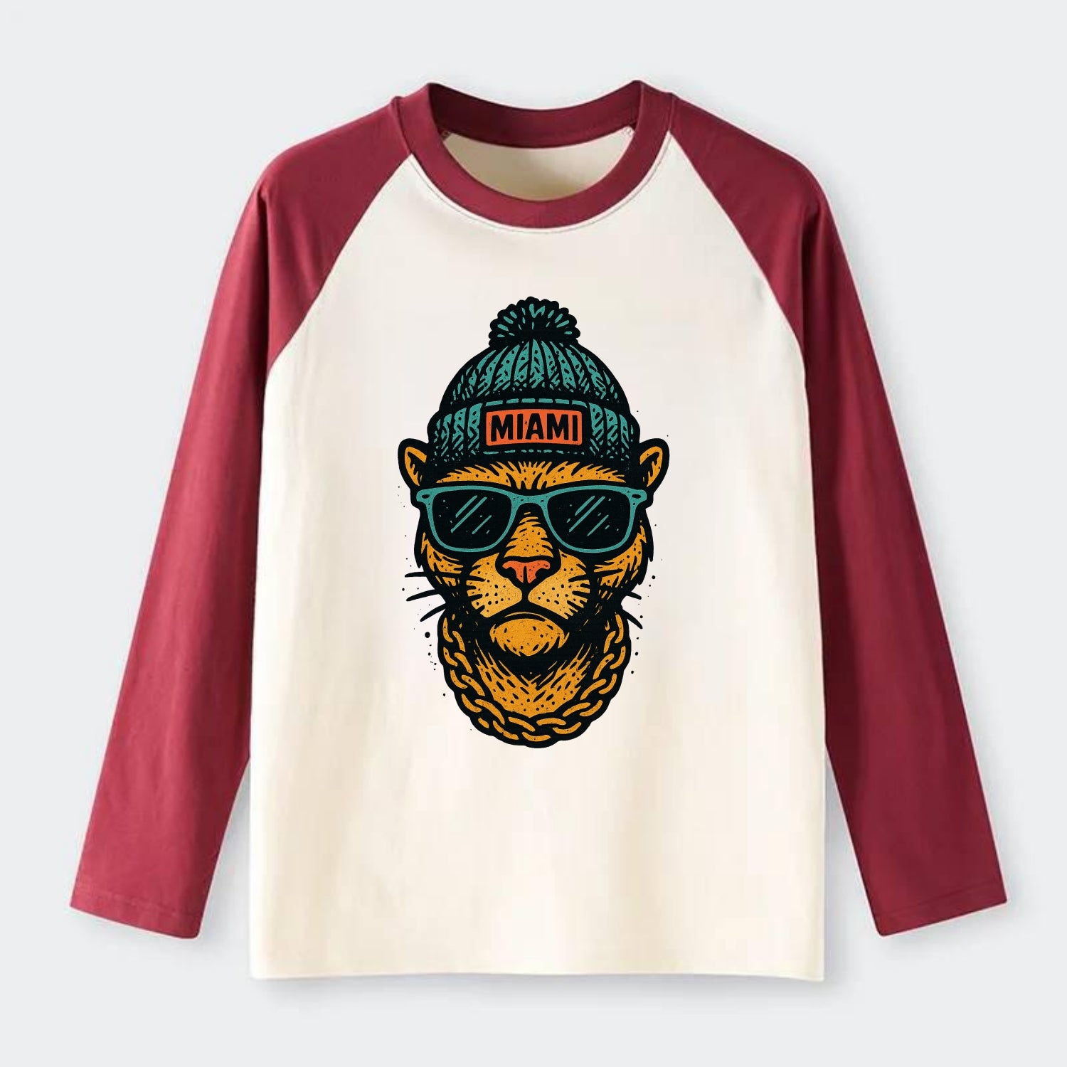 Florida Panther wearing Miami beanie with pom pom and wayfarer - Raglan Long Sleeve T-Shirt - Red