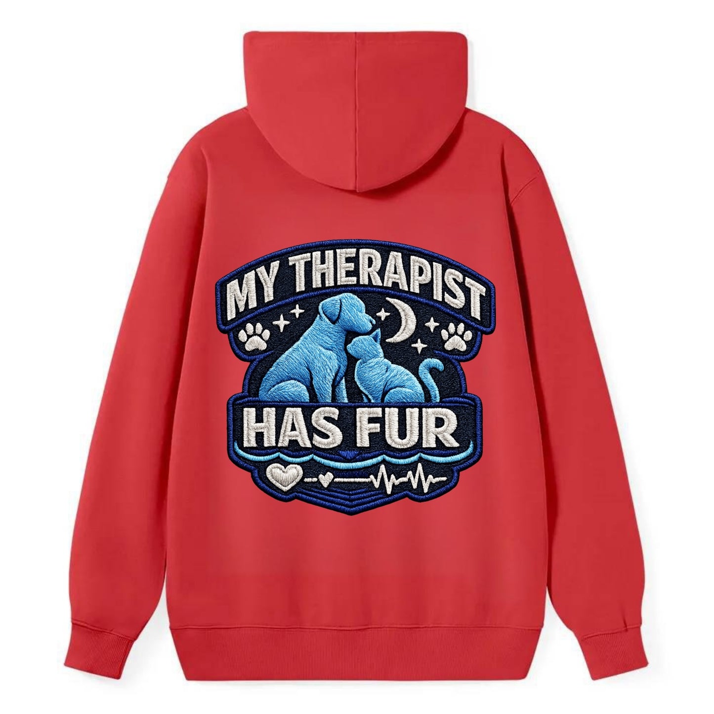 MY THERAPIST HAS FUR - pet silhouette in calming blue , emotional support - Classic Pullover Hoodie - Red