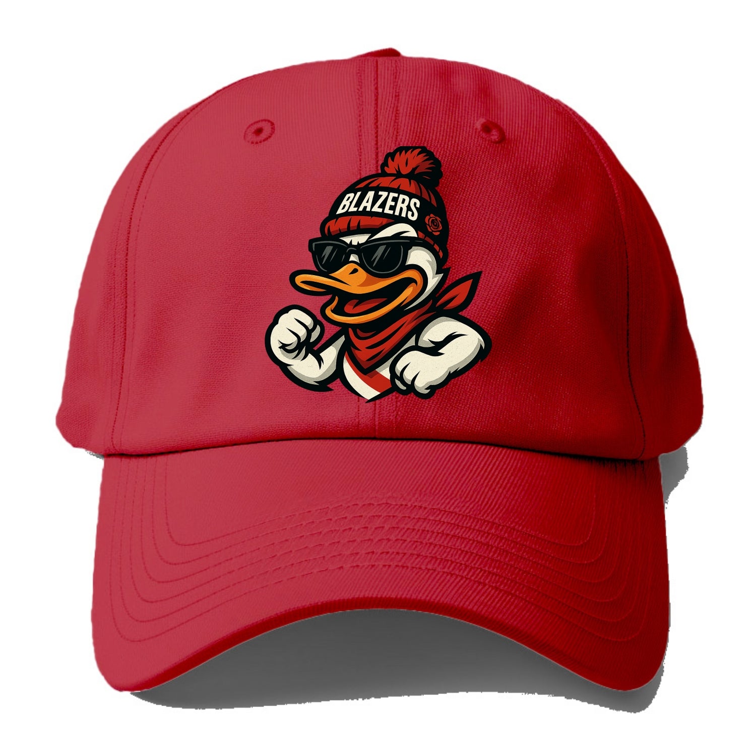 Oregon Duck wearing Trail Blazers beanie with rose patch and wayfarer sunglasses - Baseball Cap - Red